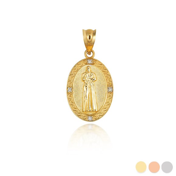 10K Solid Gold Saint Pio Pray for Us CZ Victorian Medallion Pendant